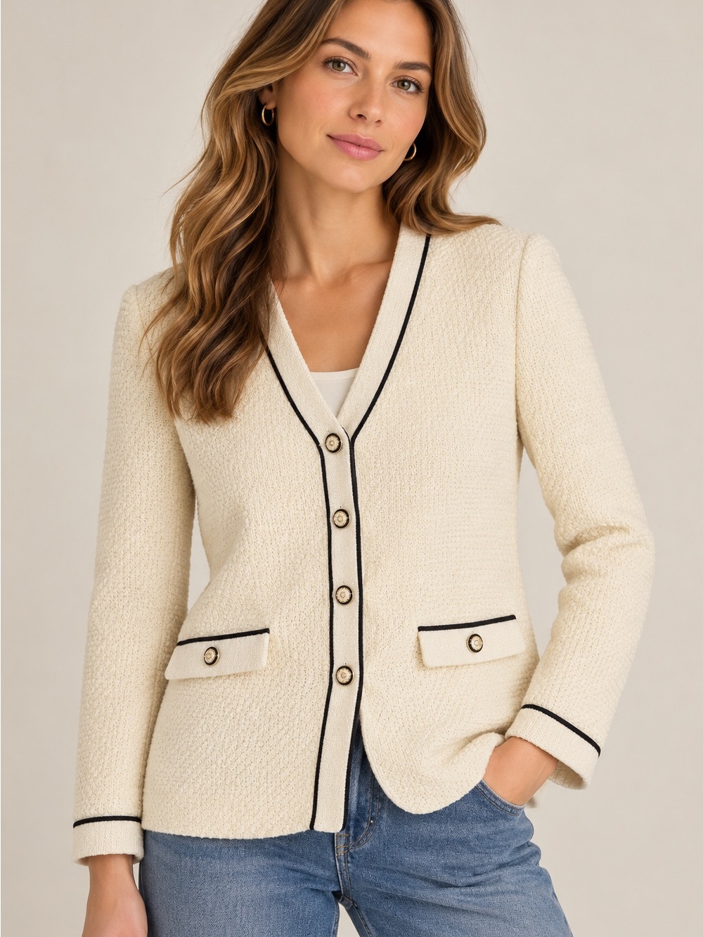 St. John Cream Bouclé Knit Blazer with Black Trim